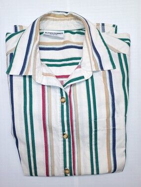 Alfred Dunner Cream Button-Down Shirt with Green, Navy, Red and Tan Stripes